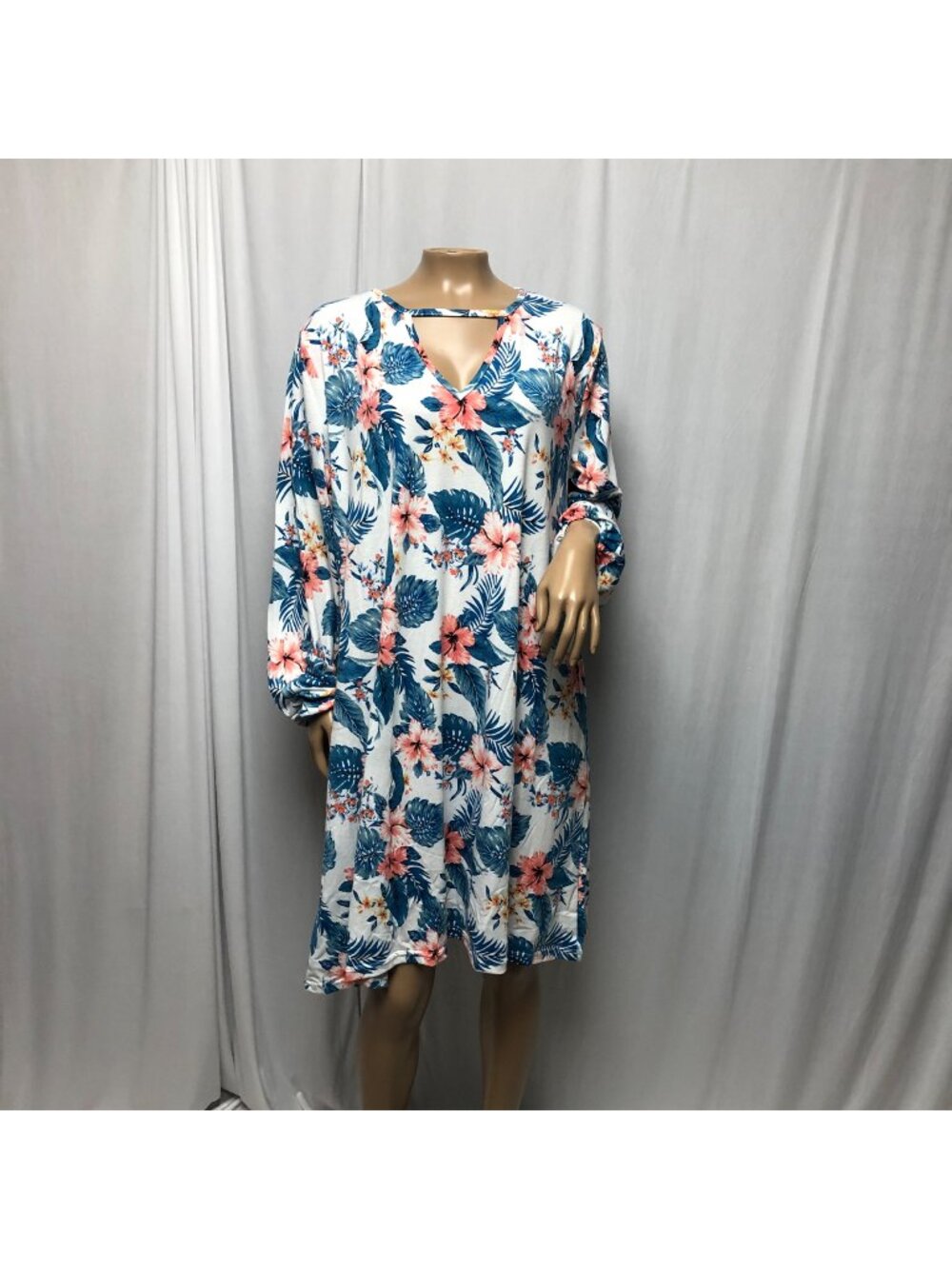 Zeagoo Dress Womens Sz XL White Green Pink Tropical Floral Long Sleeve Shift NEW